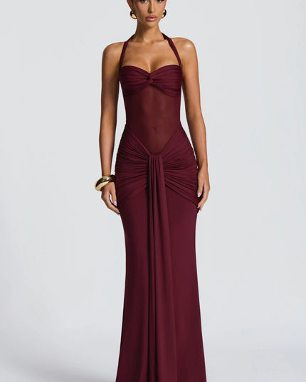 Front view burgundy sweetheart halter maxi dress with ruched bodice