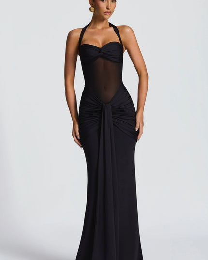 Black halter sweetheart maxi dress with sheer bodice and ruched waist