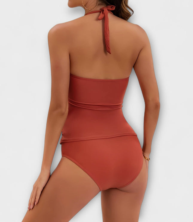 Back view of red halter bikini with tie closure and gold accents
