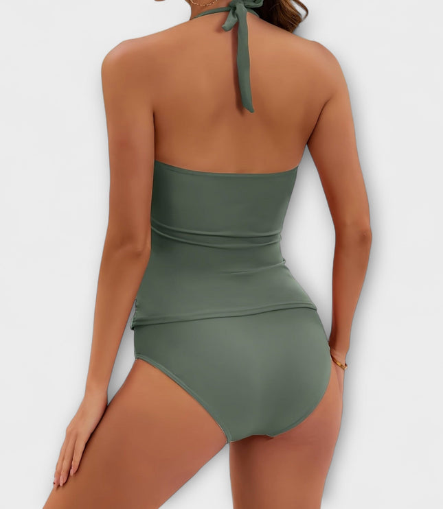 Back view of sage green halter swimsuit with tied neck closure