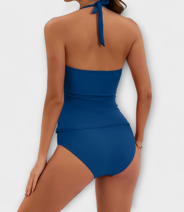 Back view of navy blue halter swimsuit with tied halter closure