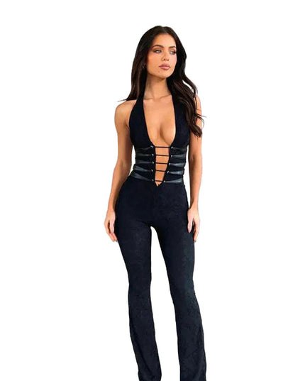 Black lace-up halter jumpsuit with wide leg fit and textured fabric