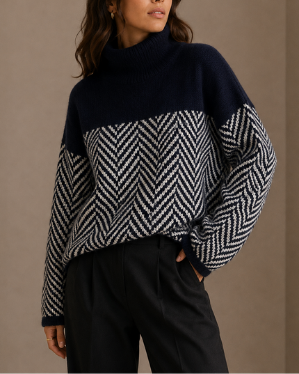 Women’s Herringbone Turtleneck Sweater – Oversized Winter Knit Jumper