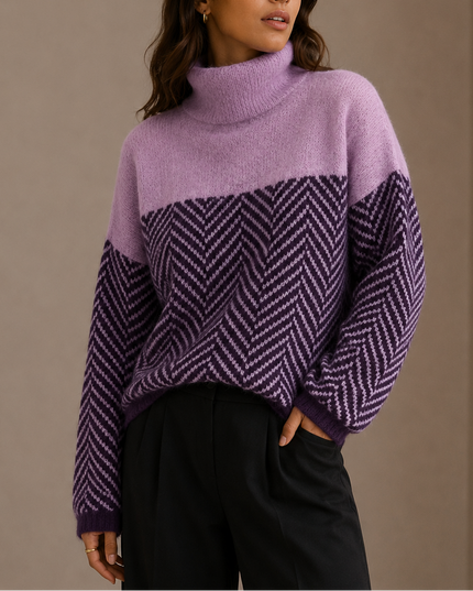 Women’s Herringbone Turtleneck Sweater – Oversized Winter Knit Jumper