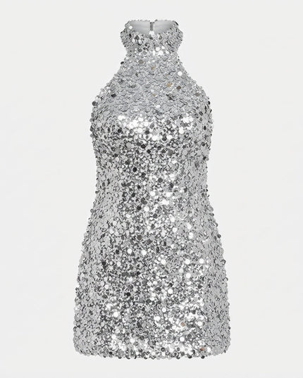 Women's High Neck Silver Mini Sequin Dress
