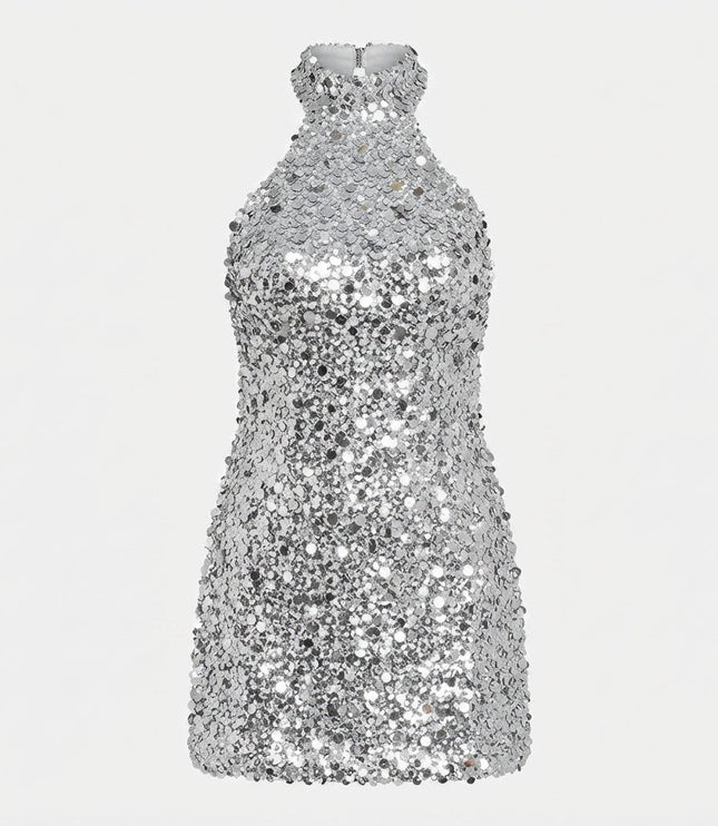 Women's High Neck Silver Mini Sequin Dress