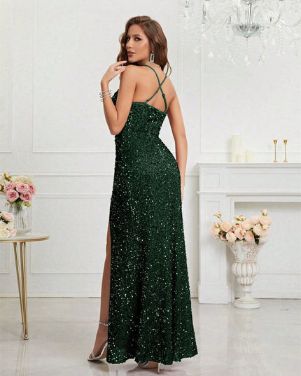 Women's High Slit Strappy Maxi Sequin Dress