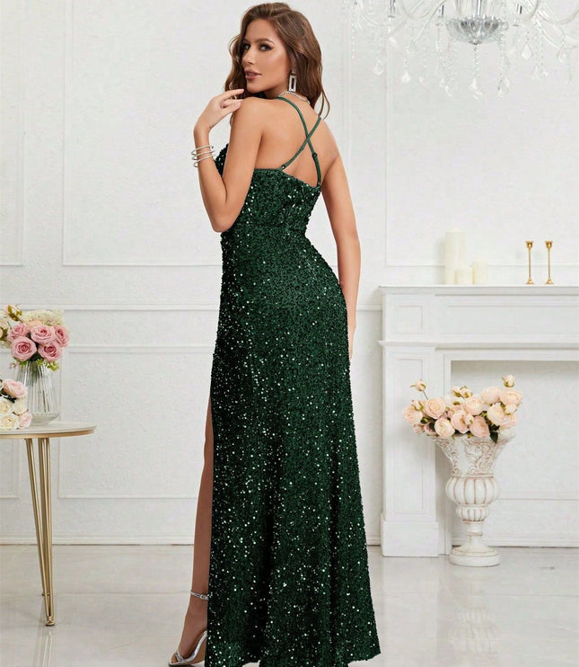 Women's High Slit Strappy Maxi Sequin Dress