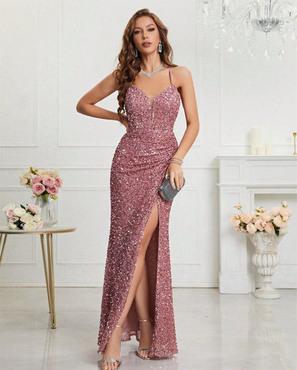 Women's High Slit Strappy Maxi Sequin Dress