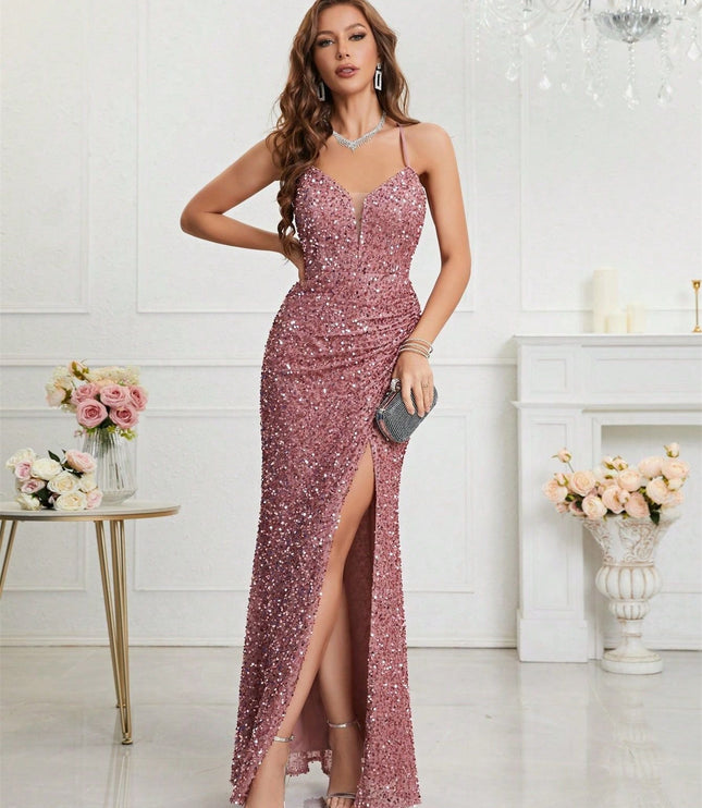 Women's High Slit Strappy Maxi Sequin Dress
