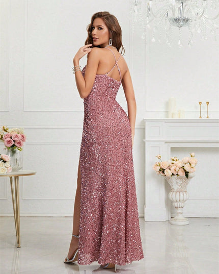 Women's High Slit Strappy Maxi Sequin Dress