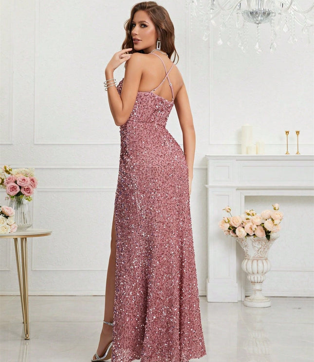 Women's High Slit Strappy Maxi Sequin Dress