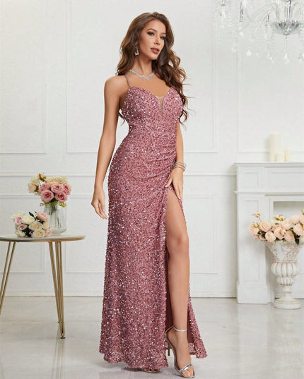 Women's High Slit Strappy Maxi Sequin Dress