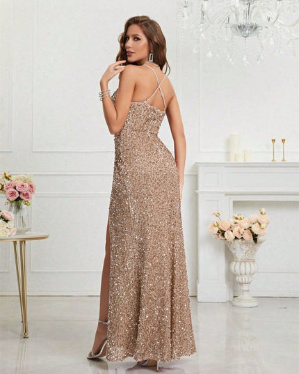 Women's High Slit Strappy Maxi Sequin Dress