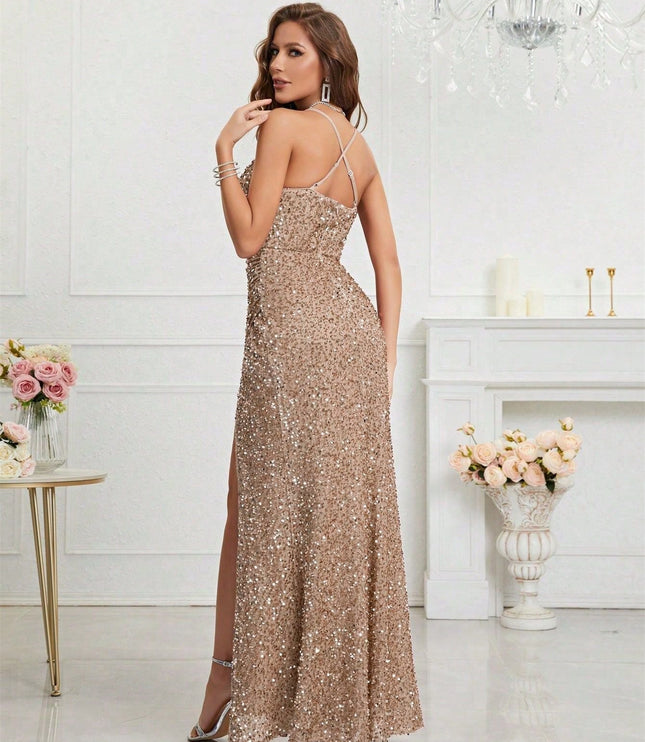 Women's High Slit Strappy Maxi Sequin Dress