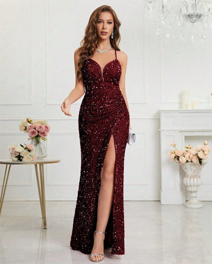 Women's High Slit Strappy Maxi Sequin Dress
