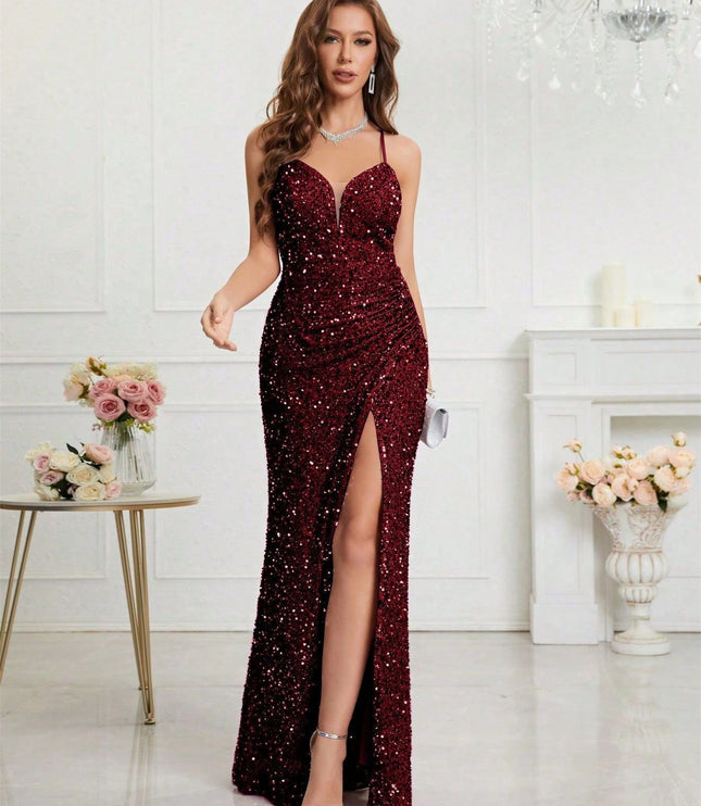 Women's High Slit Strappy Maxi Sequin Dress