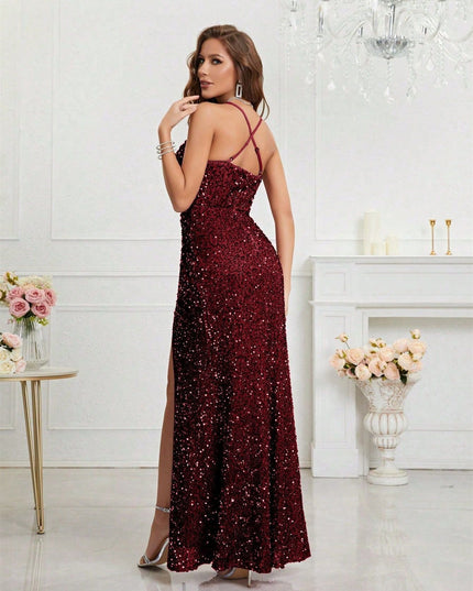 Women's High Slit Strappy Maxi Sequin Dress