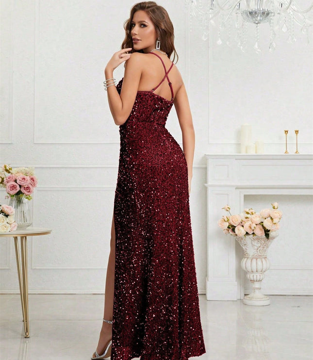 Women's High Slit Strappy Maxi Sequin Dress