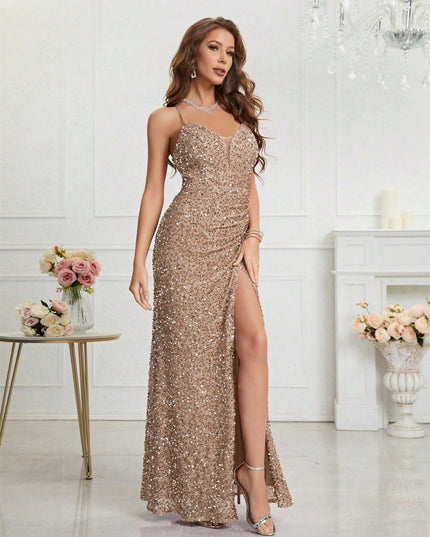Women's High Slit Strappy Maxi Sequin Dress