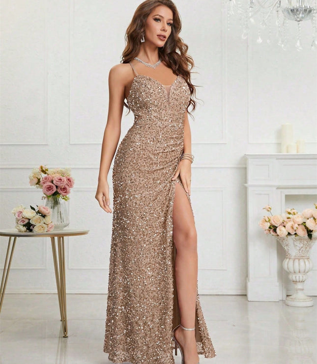 Women's High Slit Strappy Maxi Sequin Dress