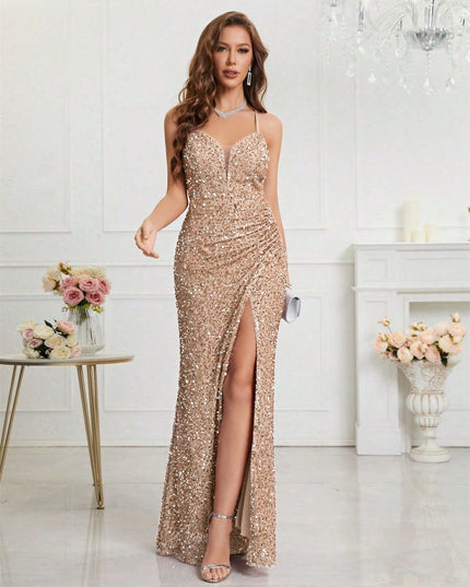 Women's High Slit Strappy Maxi Sequin Dress