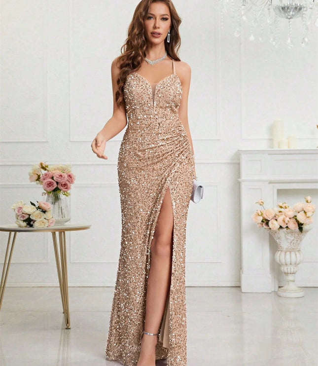 Women's High Slit Strappy Maxi Sequin Dress