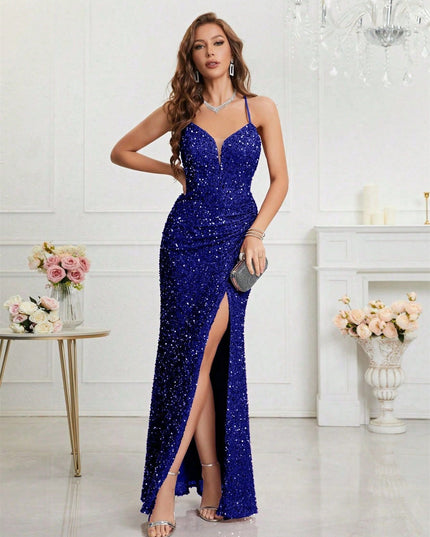 Women's High Slit Strappy Maxi Sequin Dress