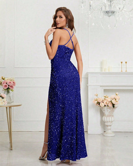 Women's High Slit Strappy Maxi Sequin Dress