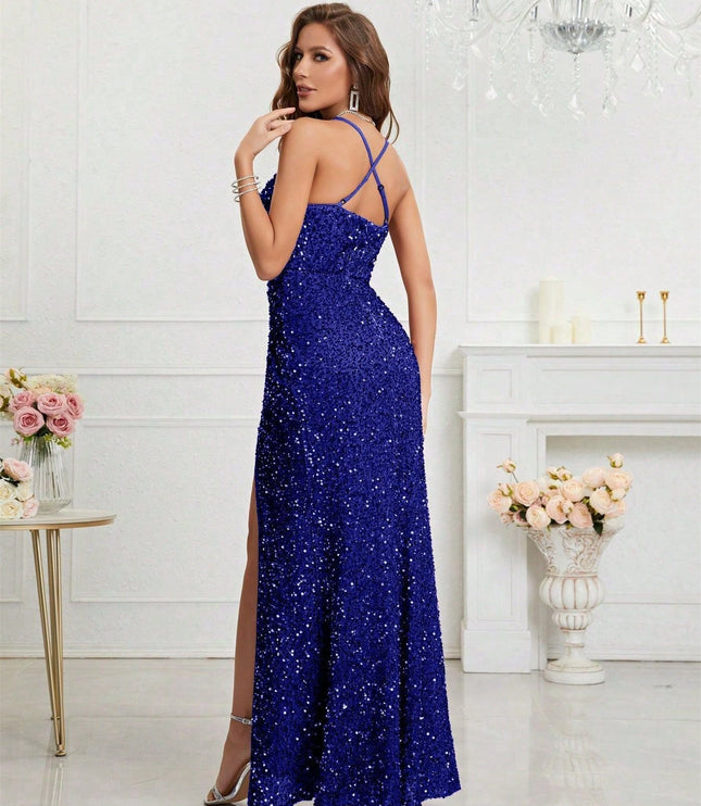 Women's High Slit Strappy Maxi Sequin Dress