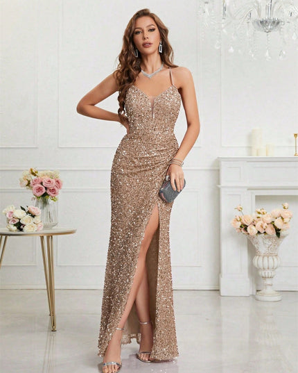 Women's High Slit Strappy Maxi Sequin Dress