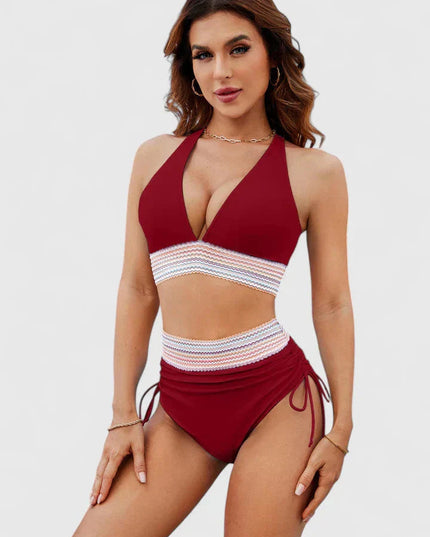 Burgundy halter bikini set with colorful geometric waistband detail
