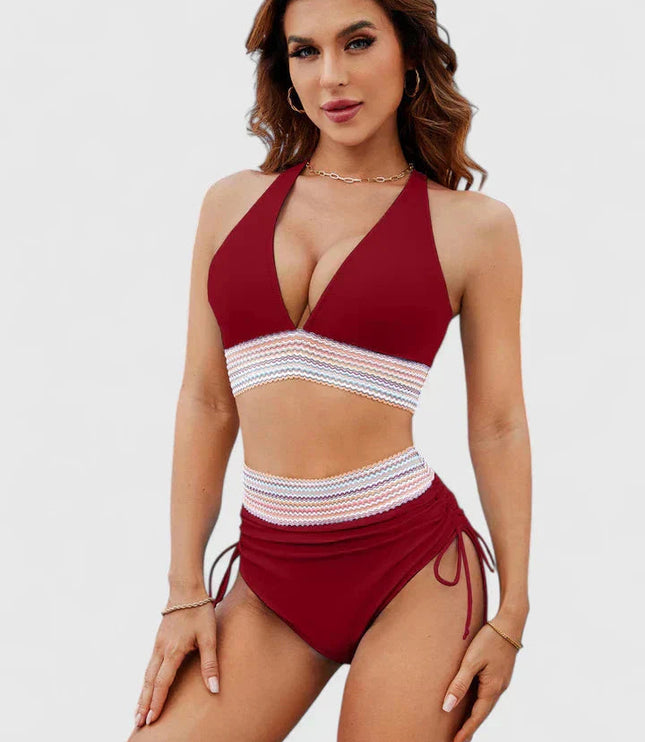 Burgundy halter bikini set with colorful geometric waistband detail