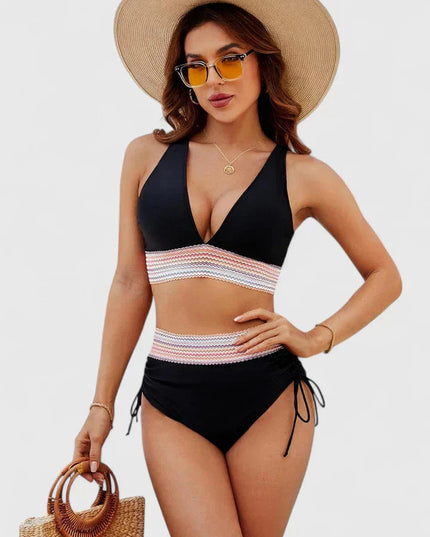 Black high-waisted halter bikini with multicolor striped band accent