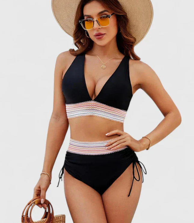 Black high-waisted halter bikini with multicolor striped band accent