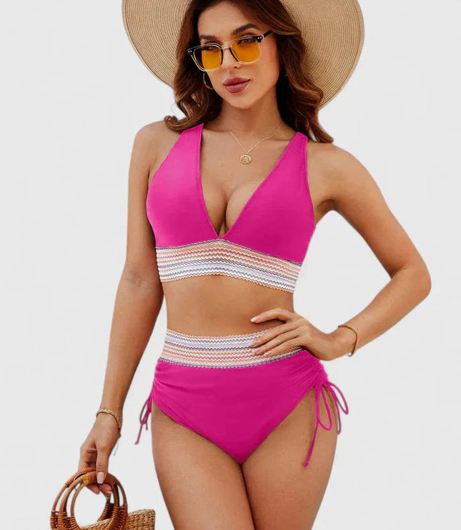 Magenta halter bikini with pastel striped band and side tie bottoms