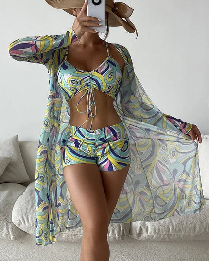 Multicolor abstract swirl print bikini set with high waist bottoms and long sleeve sheer jacket
