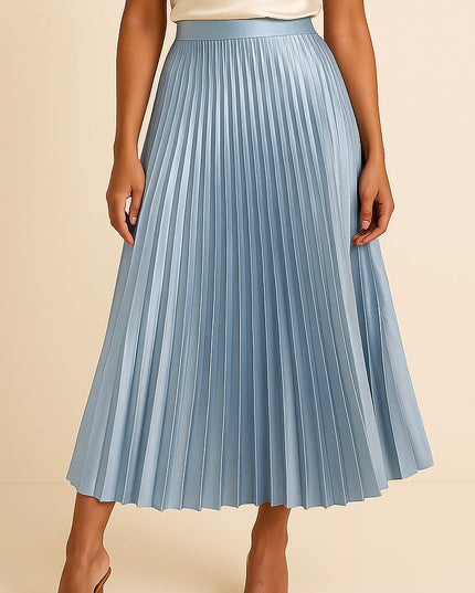 Light blue satin pleated midi skirt with high waist and full length