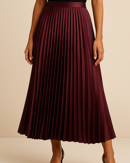 Burgundy satin pleated midi skirt with high waist band and flowing silhouette