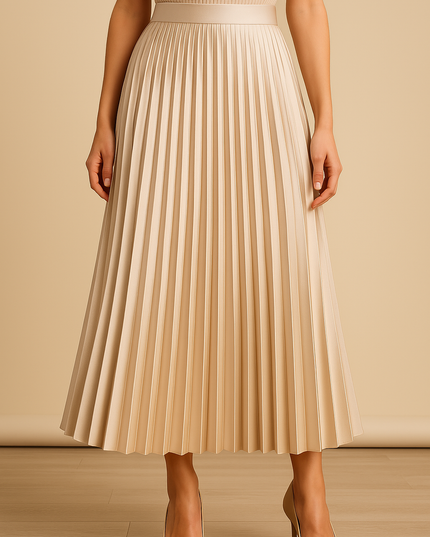 Beige high waist satin pleated midi skirt with matching crop top