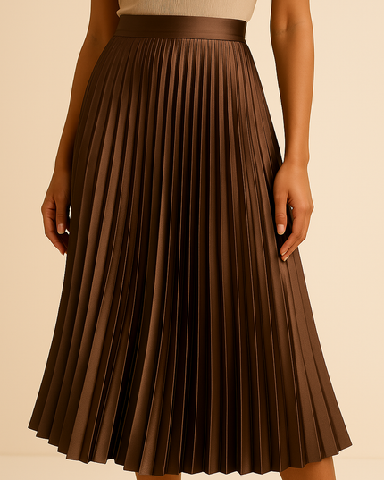 Brown satin pleated midi skirt with high waist and elegant drape
