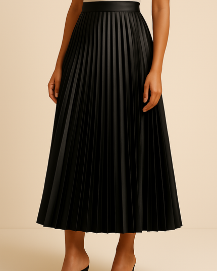 Black satin pleated midi skirt with high waist and midi length