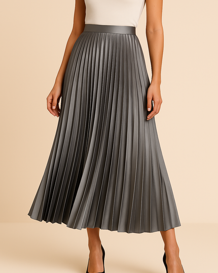 Charcoal gray satin pleated midi skirt with high waist band