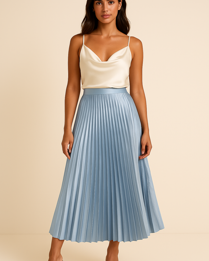 Light blue high waist satin pleated midi skirt full length front view