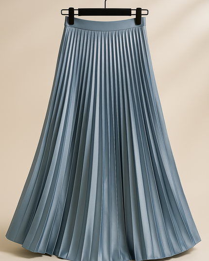 Blue satin pleated midi skirt on hanger showing high waist detail