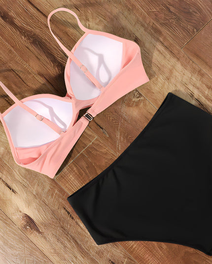 Pink and black high-waisted ruched bikini bottom with wrap top detail