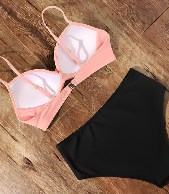 Pink and black high-waisted ruched bikini bottom with wrap top detail