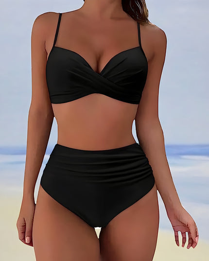 Black wrap bikini with high-waisted ruched bottom front view