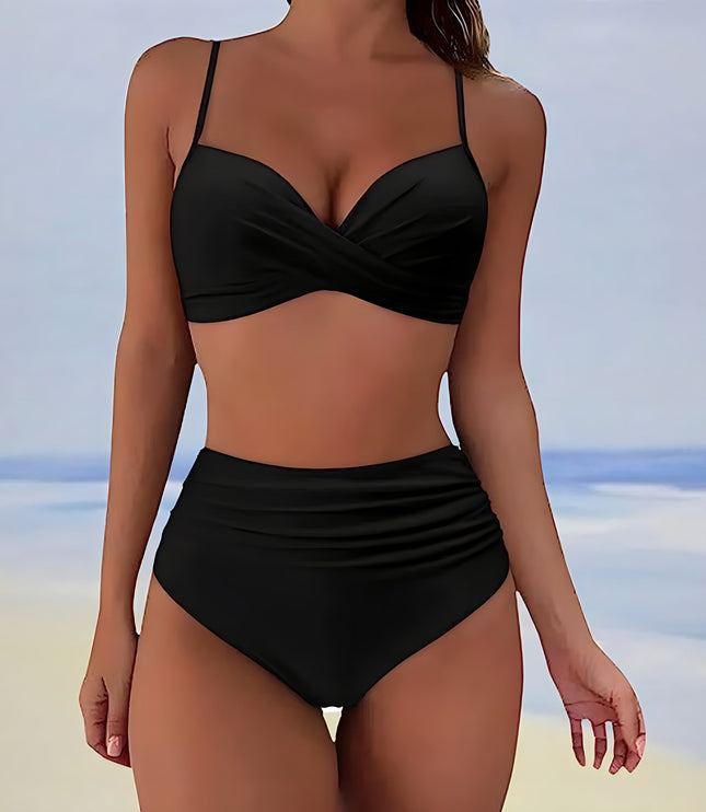 Black wrap bikini with high-waisted ruched bottom front view