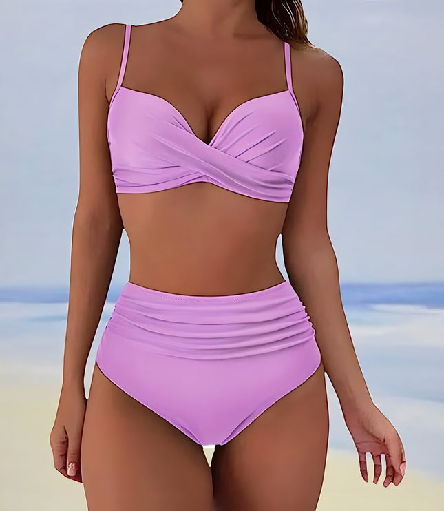 Lavender wrap bikini top with ruched high-waisted bottom